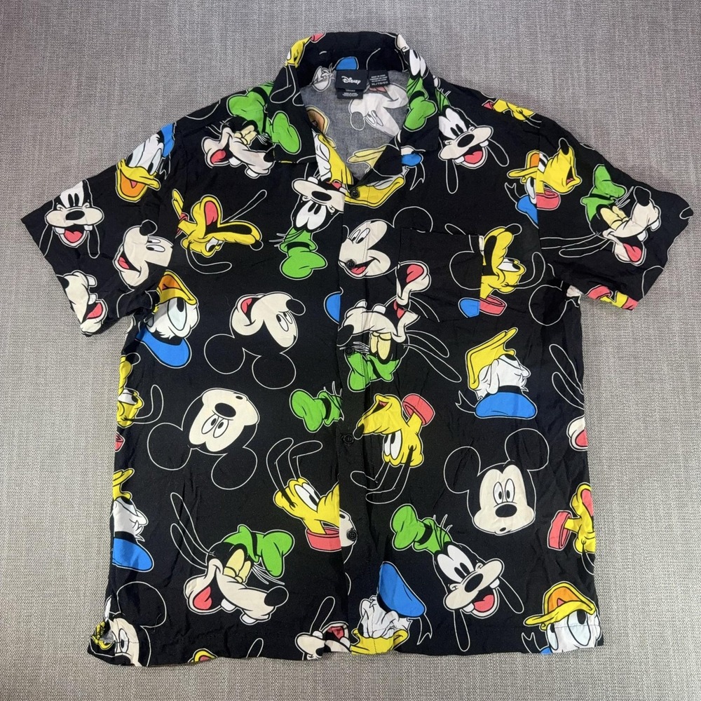 Disney Shirt Mens XL Black Mickey Goofy Donald Pluto Short Sleeve Button Up